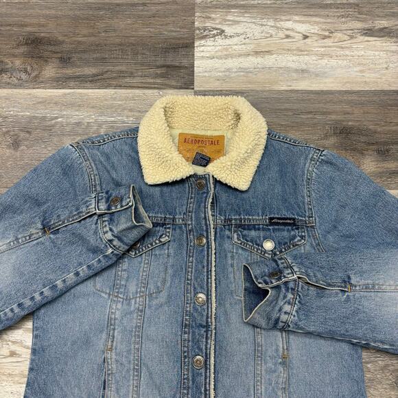 Vintage Y2K Aeropostale Womens‎ M Sherpa Collar Denim Blue Jean Trucker Jacket - Picture 3 of 8